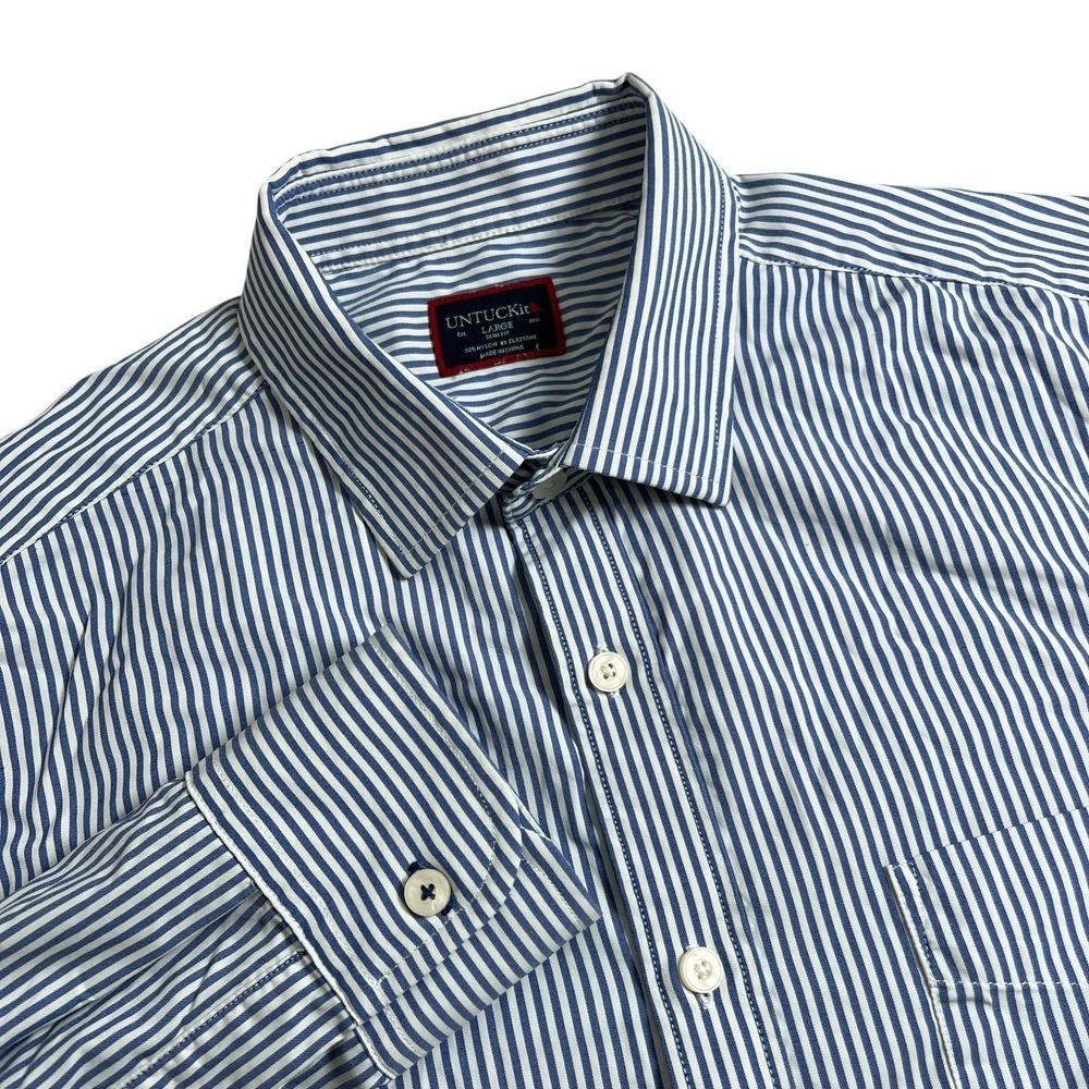 Untuckit Terzolo Mens L Blue‎ White Striped Slim Fit Long Sleeve Button Up Shirt